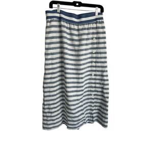 J Jill Love Linen A-Line Midi Skirt Size M Blue White Stripe Button Pocket Beach